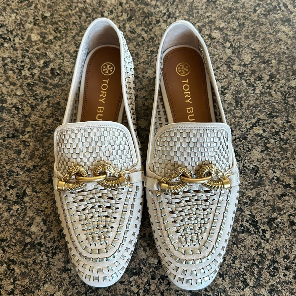 Tory Burch woven ivory and gold leather Jessa loafers’s size 8